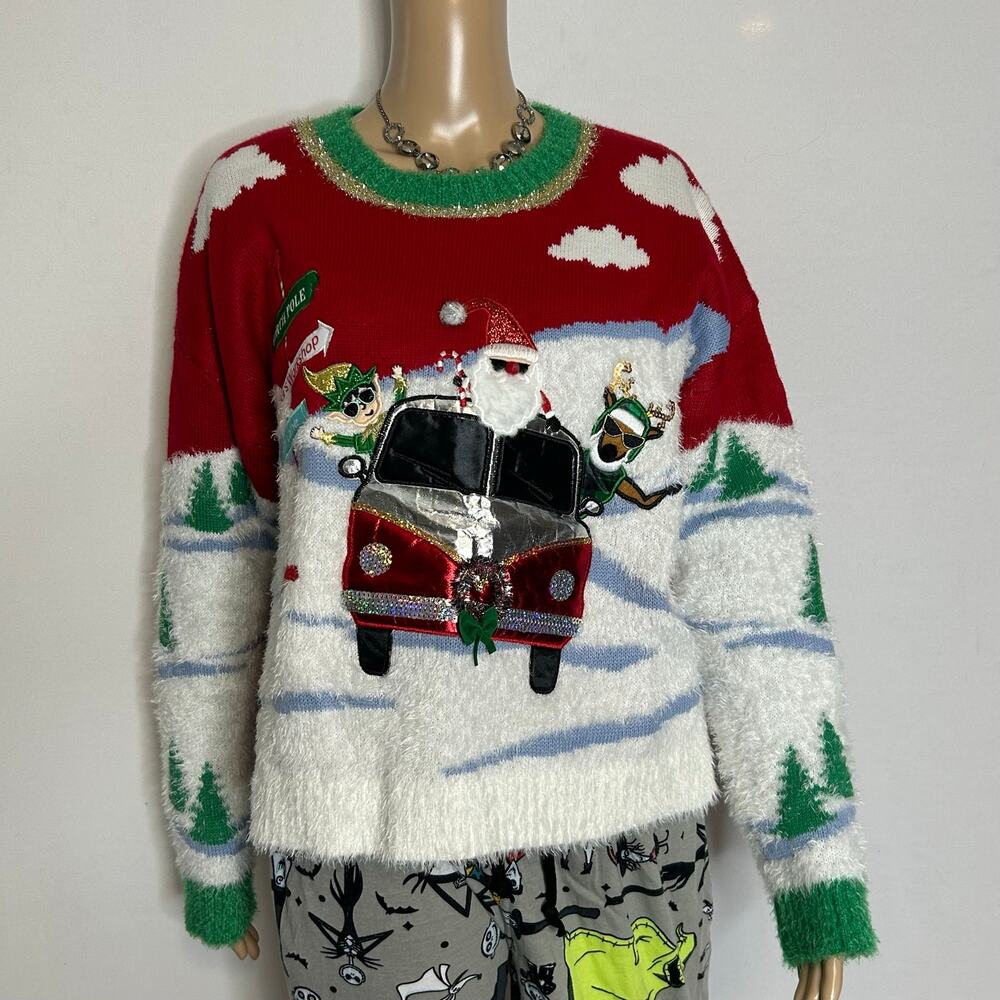 Major Christmas Sweater Womens L Santa Camper Van Sequin Fuzzy Holiday